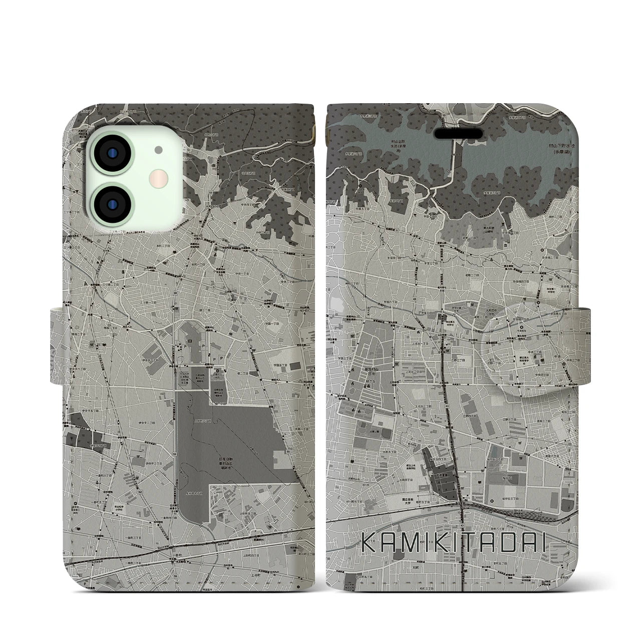 【上北台(東京都)】地図柄iPhoneケース(手帳タイプ)モノトーン・iPhone 12 mini 用