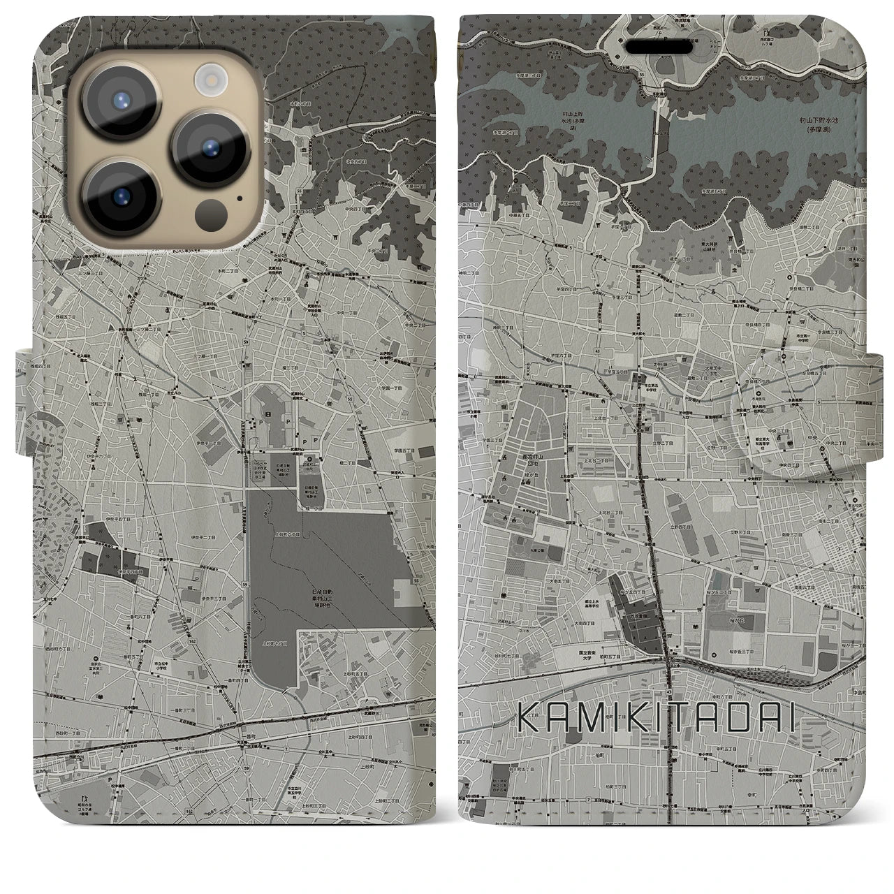 【上北台(東京都)】地図柄iPhoneケース(手帳タイプ)モノトーン・iPhone 14 Pro Max 用