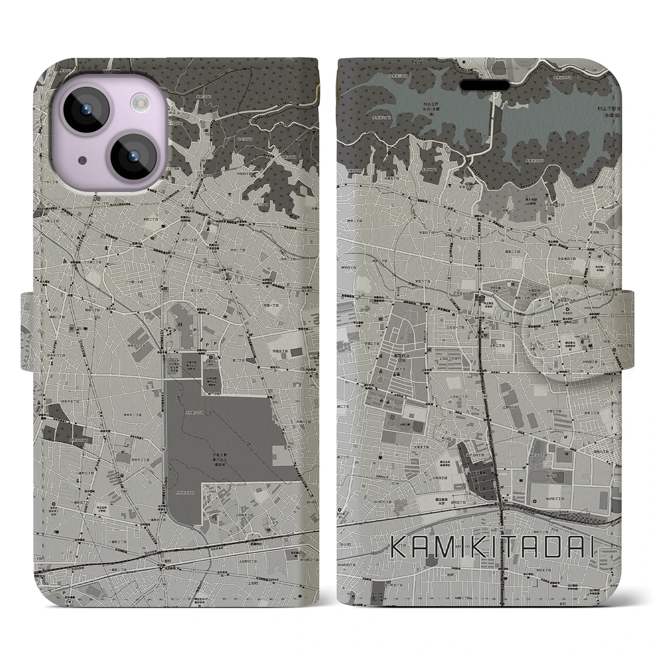 【上北台(東京都)】地図柄iPhoneケース(手帳タイプ)モノトーン・iPhone 14 用