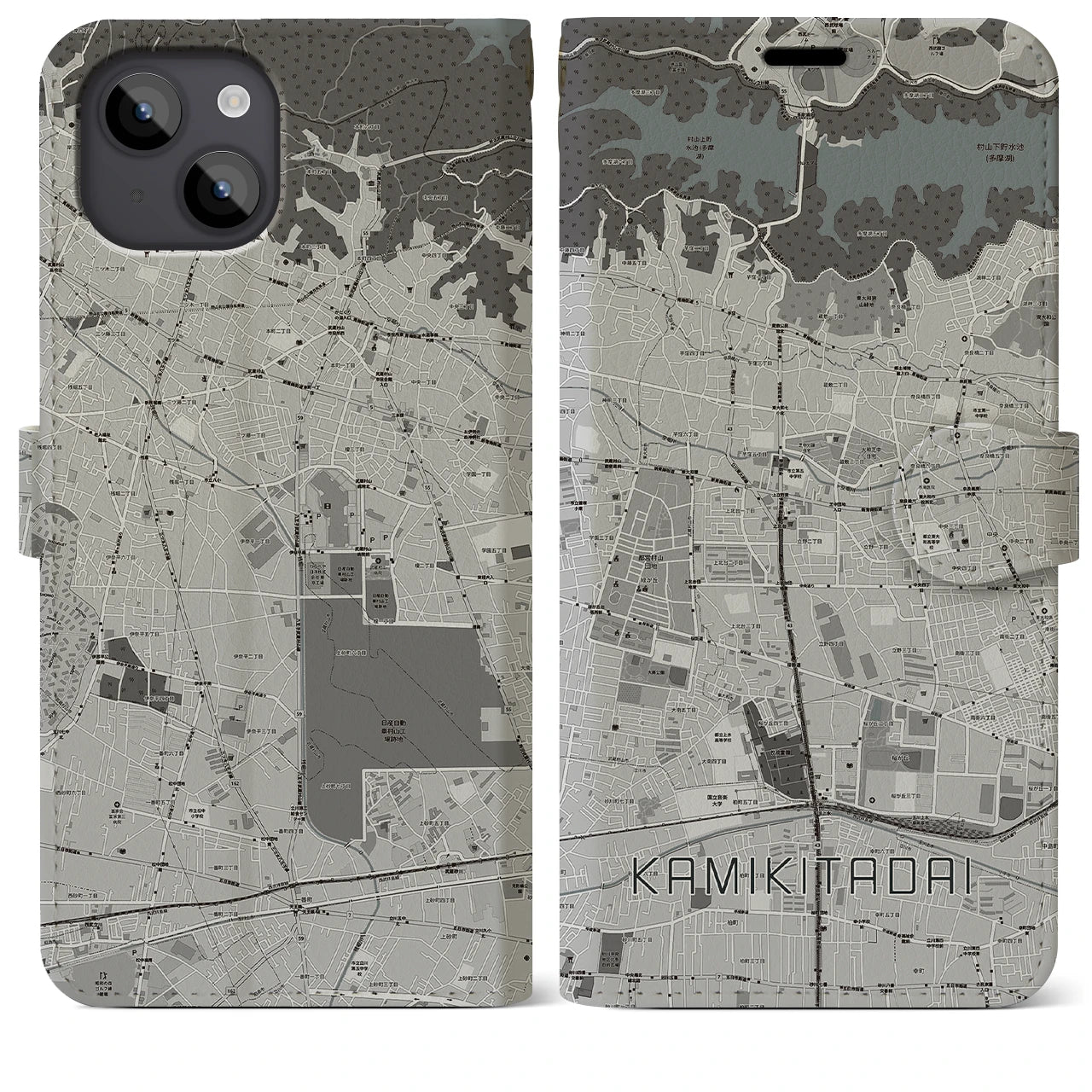 【上北台(東京都)】地図柄iPhoneケース(手帳タイプ)モノトーン・iPhone 14 Plus 用