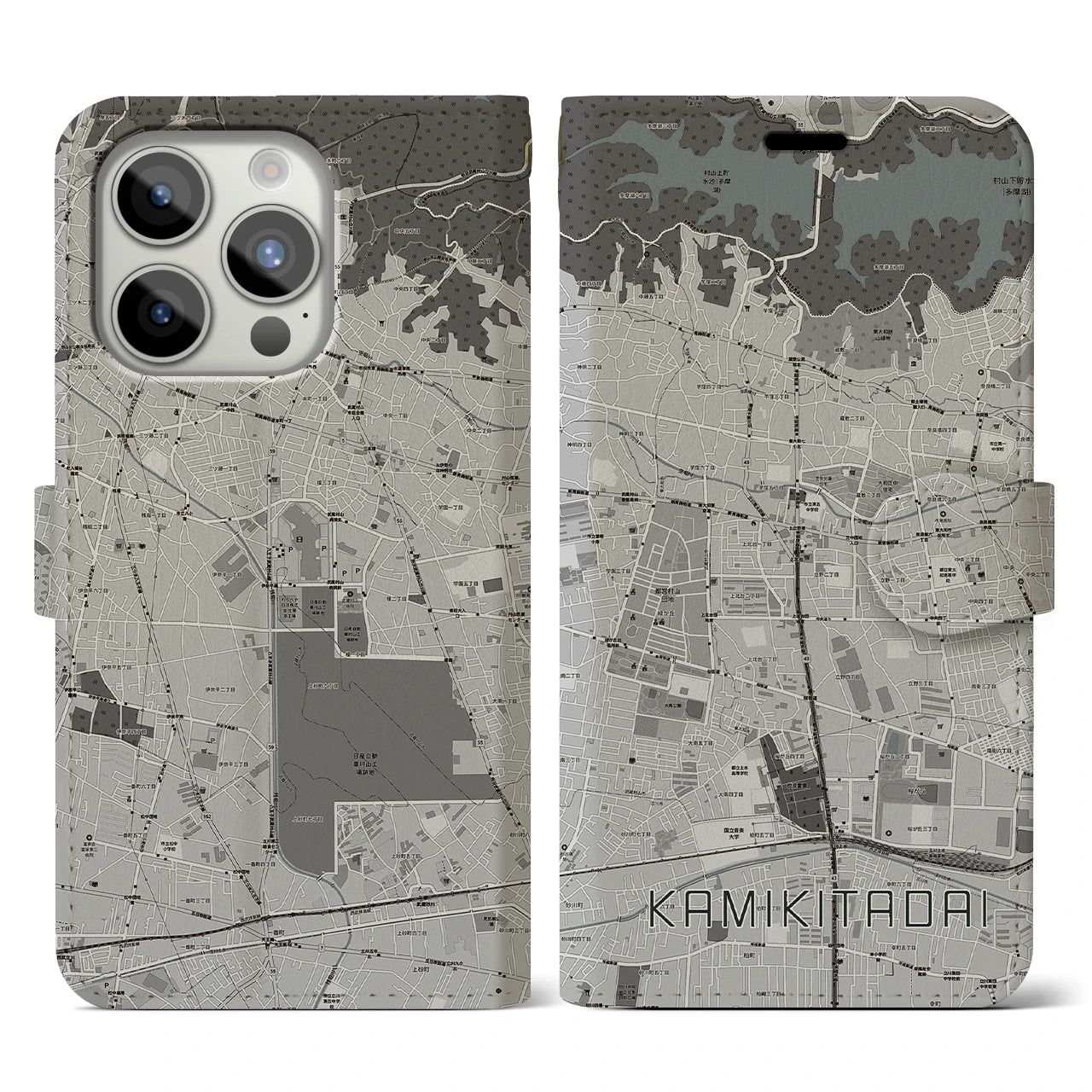 【上北台(東京都)】地図柄iPhoneケース(手帳タイプ)モノトーン・iPhone 15 Pro 用