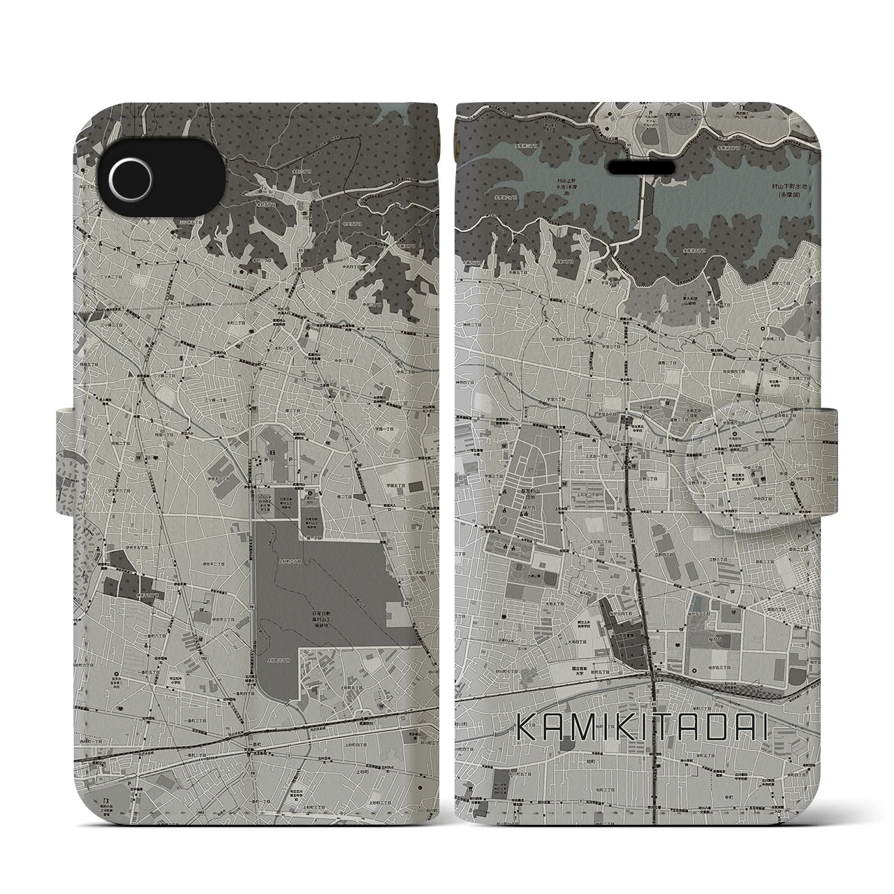 【上北台(東京都)】地図柄iPhoneケース(手帳タイプ)モノトーン・iPhone SE(第3 / 第2世代) / 8 / 7 / 6s / 6 用