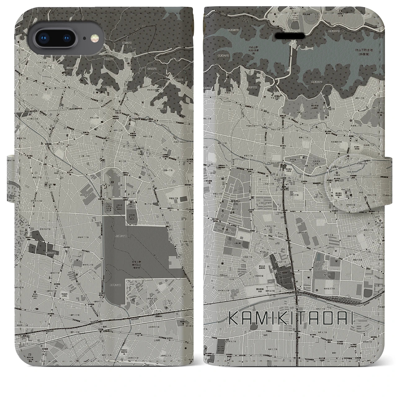 【上北台(東京都)】地図柄iPhoneケース(手帳タイプ)モノトーン・iPhone 8Plus /7Plus / 6sPlus / 6Plus 用