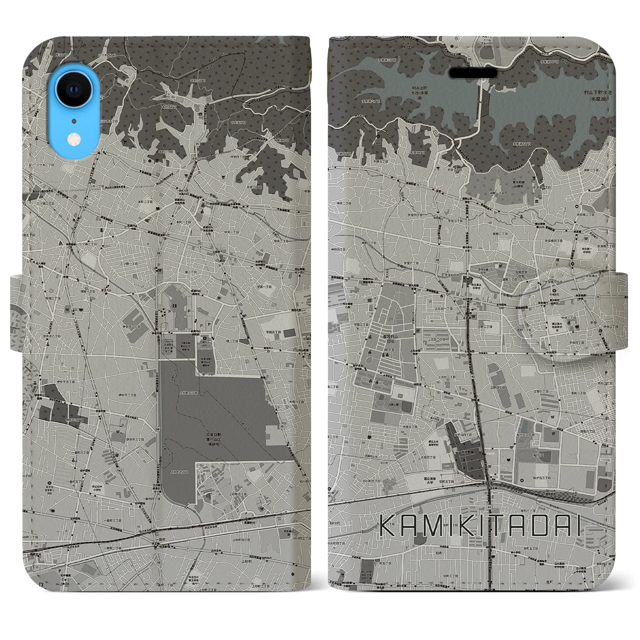 【上北台(東京都)】地図柄iPhoneケース(手帳タイプ)モノトーン・iPhone XR 用