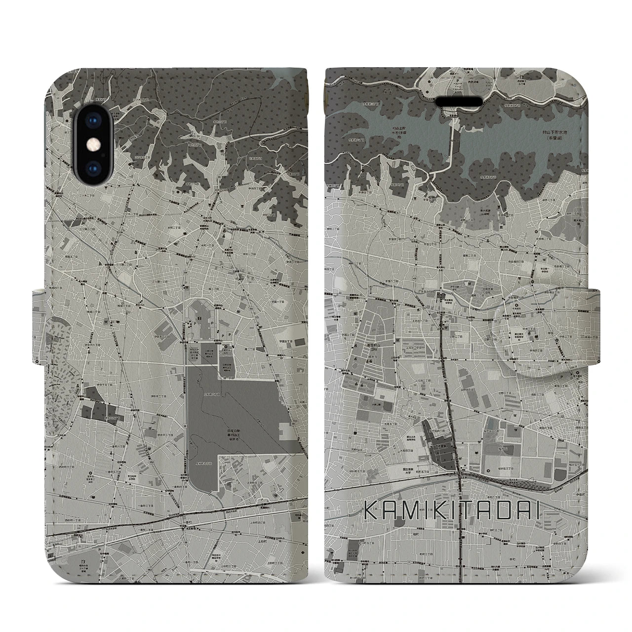 【上北台(東京都)】地図柄iPhoneケース(手帳タイプ)モノトーン・iPhone XS / X 用