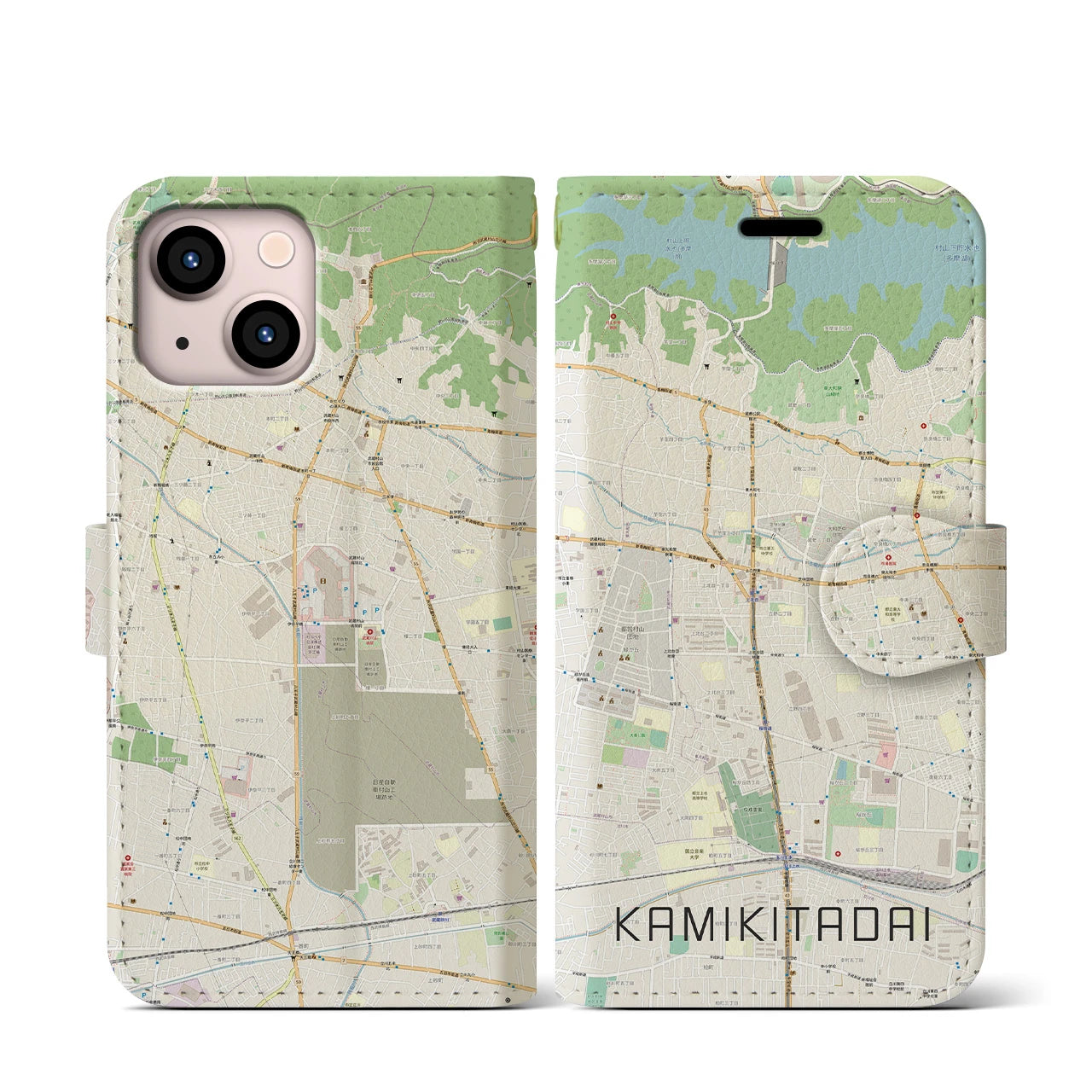 【上北台(東京都)】地図柄iPhoneケース(手帳タイプ)ナチュラル・iPhone 13 mini 用