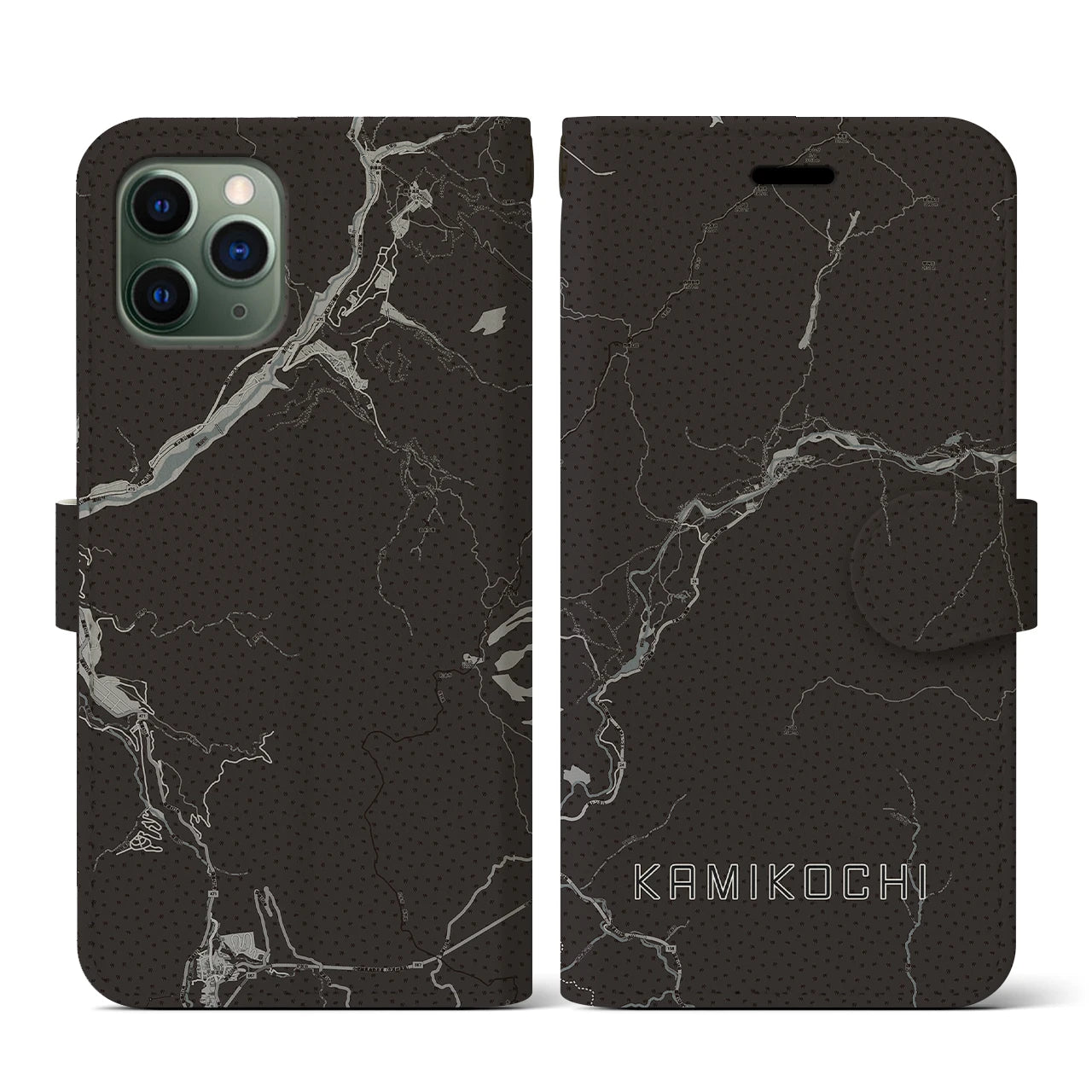 【上高地(長野県)】地図柄iPhoneケース(手帳タイプ)モノトーン・iPhone 11 Pro 用