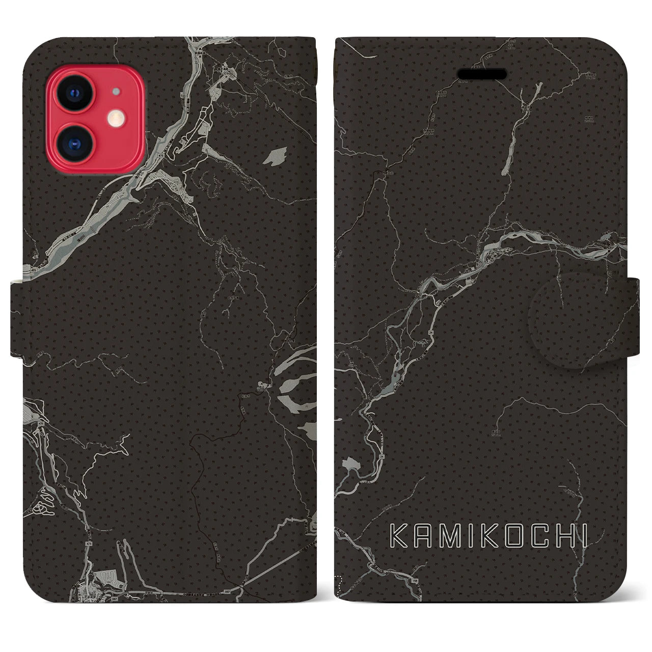 【上高地(長野県)】地図柄iPhoneケース(手帳タイプ)モノトーン・iPhone 11 用