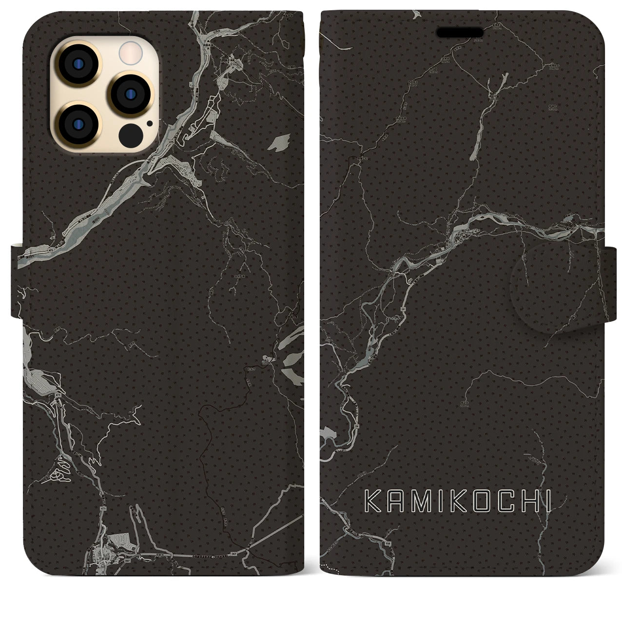 【上高地(長野県)】地図柄iPhoneケース(手帳タイプ)モノトーン・iPhone 12 Pro Max 用