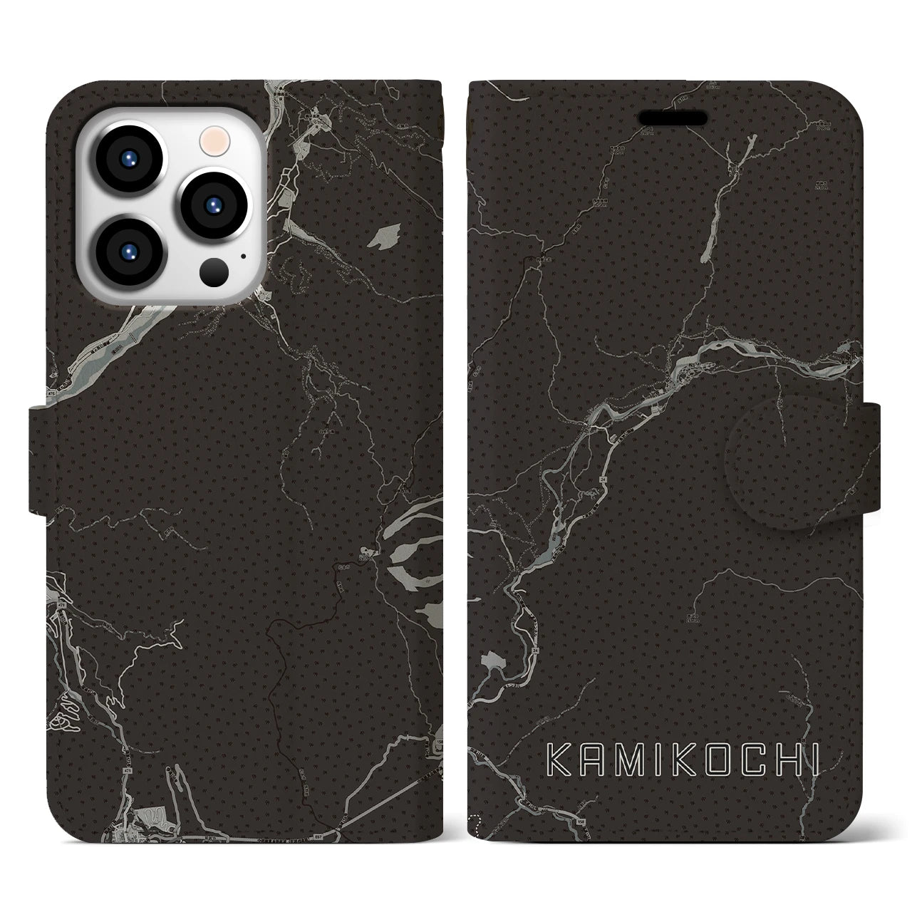 【上高地(長野県)】地図柄iPhoneケース(手帳タイプ)モノトーン・iPhone 13 Pro 用