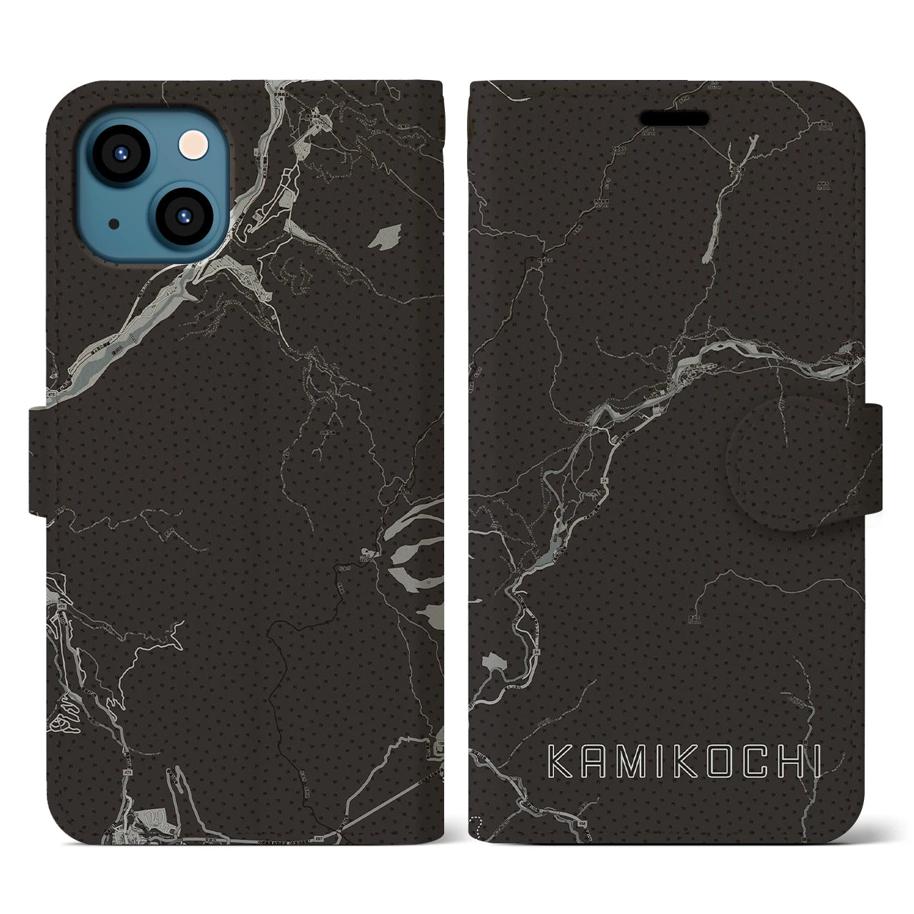 【上高地(長野県)】地図柄iPhoneケース(手帳タイプ)モノトーン・iPhone 13 用