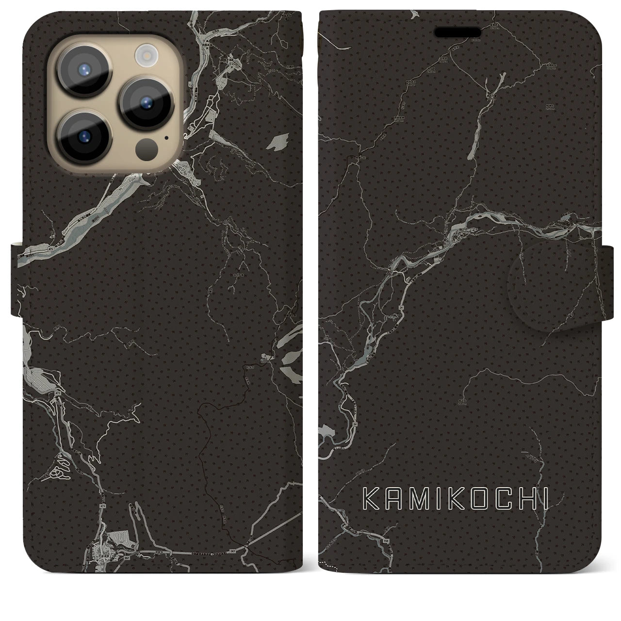 【上高地(長野県)】地図柄iPhoneケース(手帳タイプ)モノトーン・iPhone 14 Pro Max 用