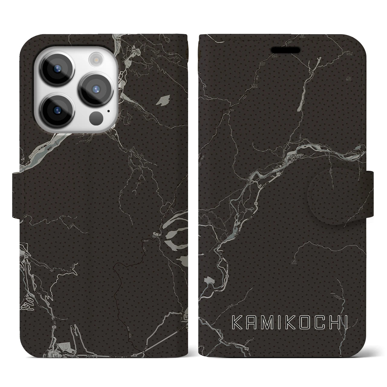 【上高地(長野県)】地図柄iPhoneケース(手帳タイプ)モノトーン・iPhone 14 Pro 用