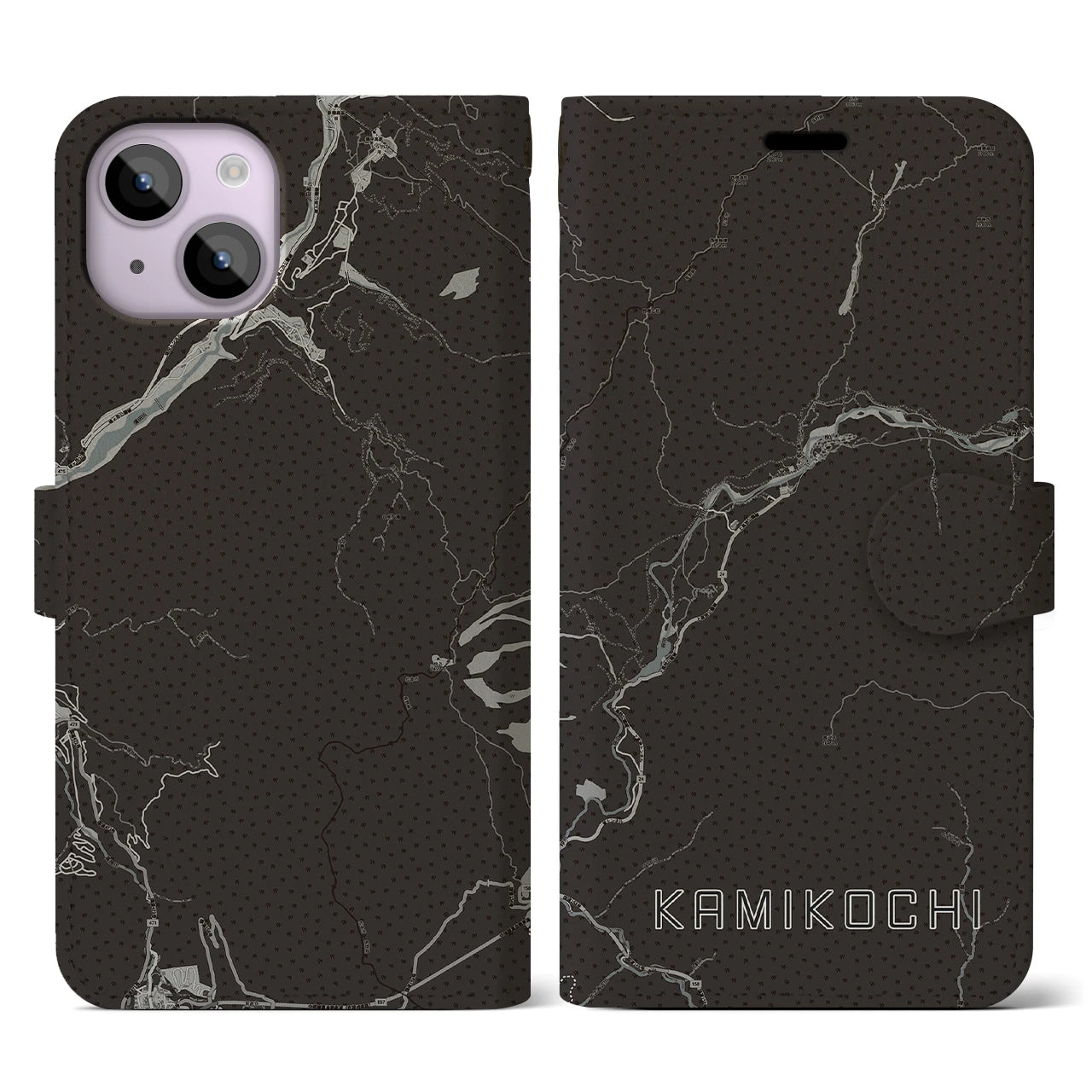 【上高地(長野県)】地図柄iPhoneケース(手帳タイプ)モノトーン・iPhone 14 用