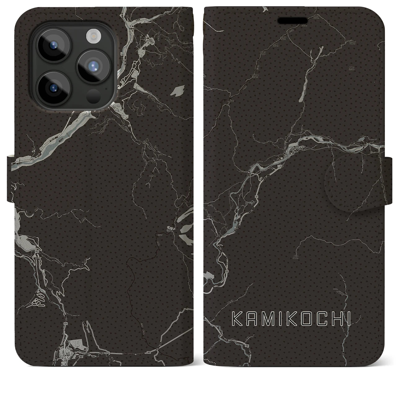 【上高地(長野県)】地図柄iPhoneケース(手帳タイプ)モノトーン・iPhone 15 Pro Max 用