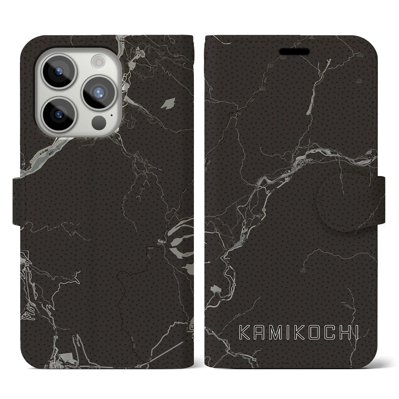 【上高地(長野県)】地図柄iPhoneケース(手帳タイプ)モノトーン・iPhone 15 Pro 用