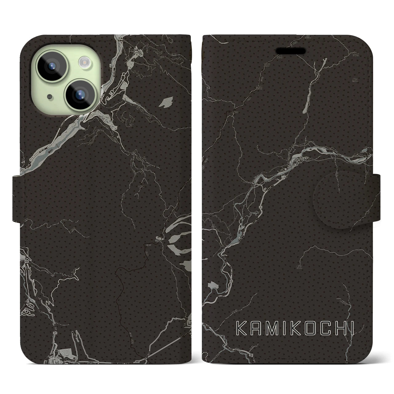 【上高地(長野県)】地図柄iPhoneケース(手帳タイプ)モノトーン・iPhone 15 用