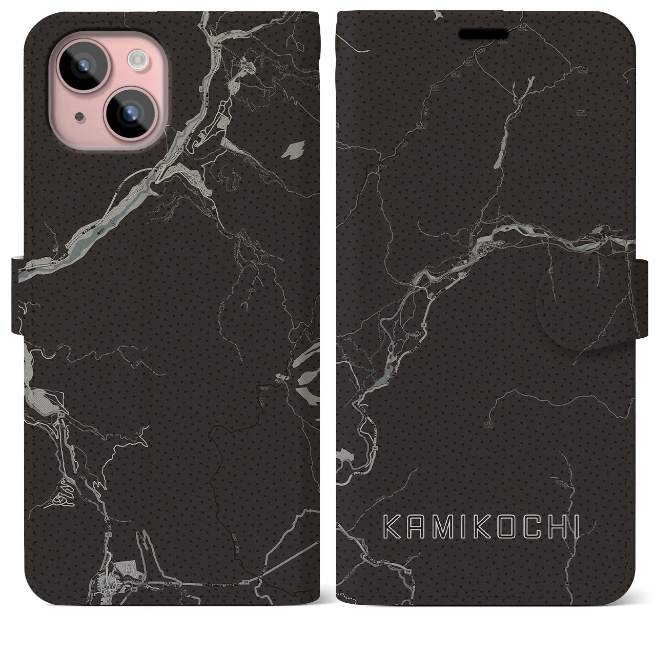 【上高地(長野県)】地図柄iPhoneケース(手帳タイプ)モノトーン・iPhone 15 Plus 用