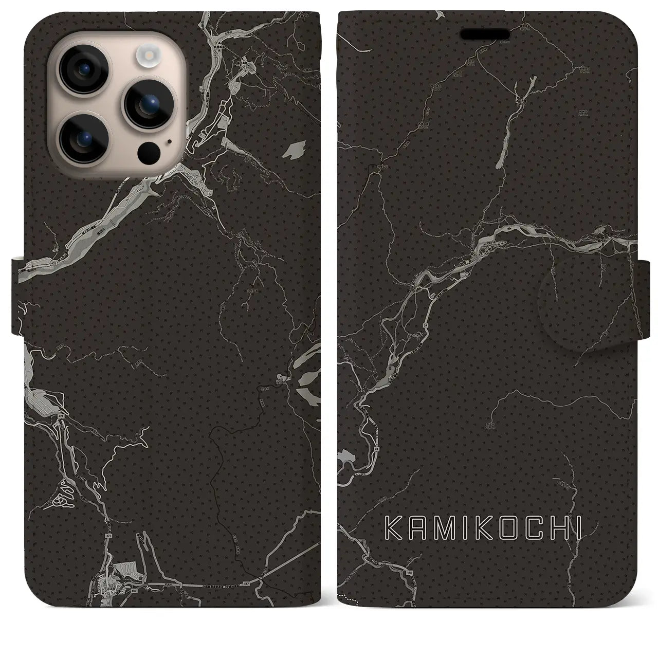 【上高地(長野県)】地図柄iPhoneケース(手帳タイプ)モノトーン・iPhone 16 Plus 用