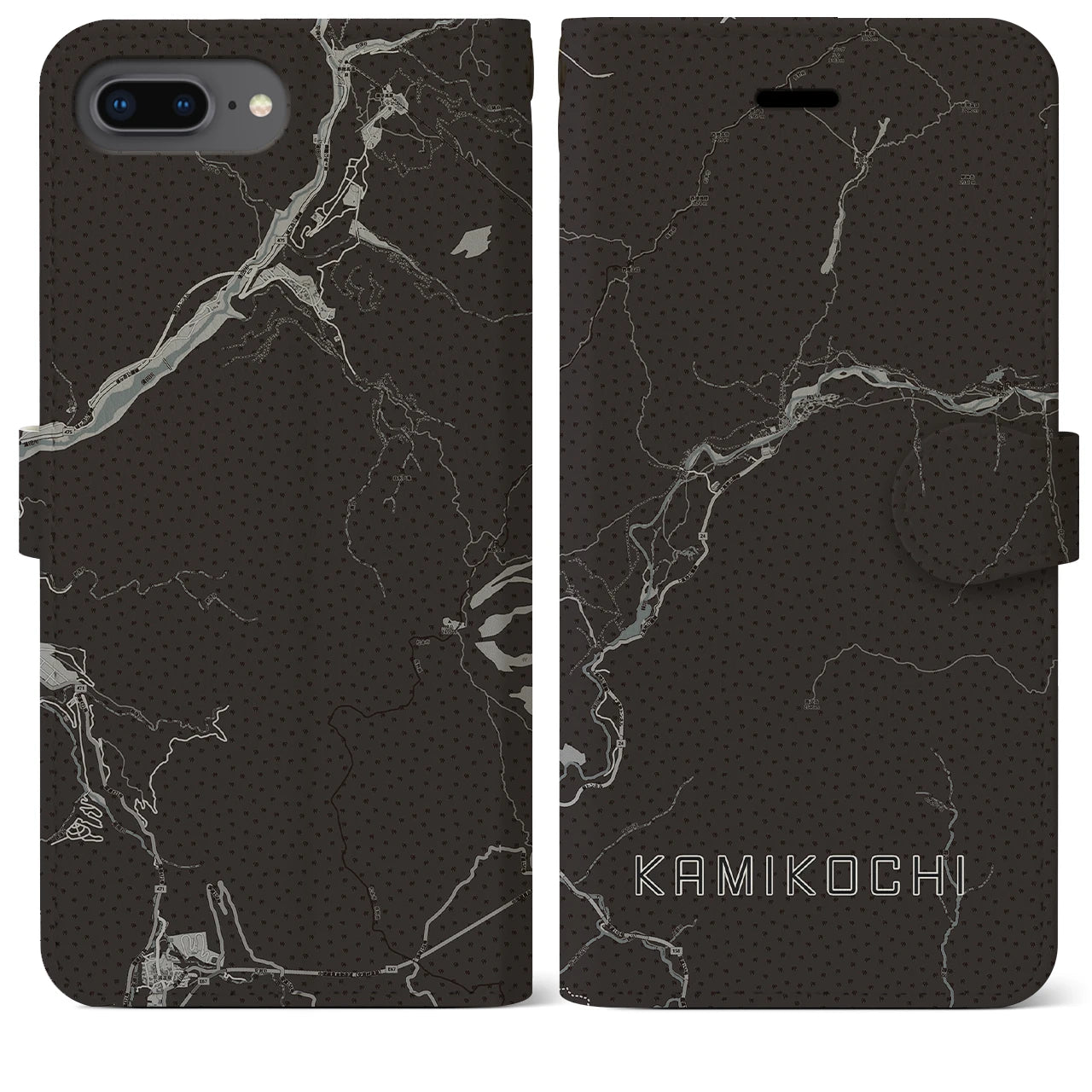 【上高地(長野県)】地図柄iPhoneケース(手帳タイプ)モノトーン・iPhone 8Plus /7Plus / 6sPlus / 6Plus 用