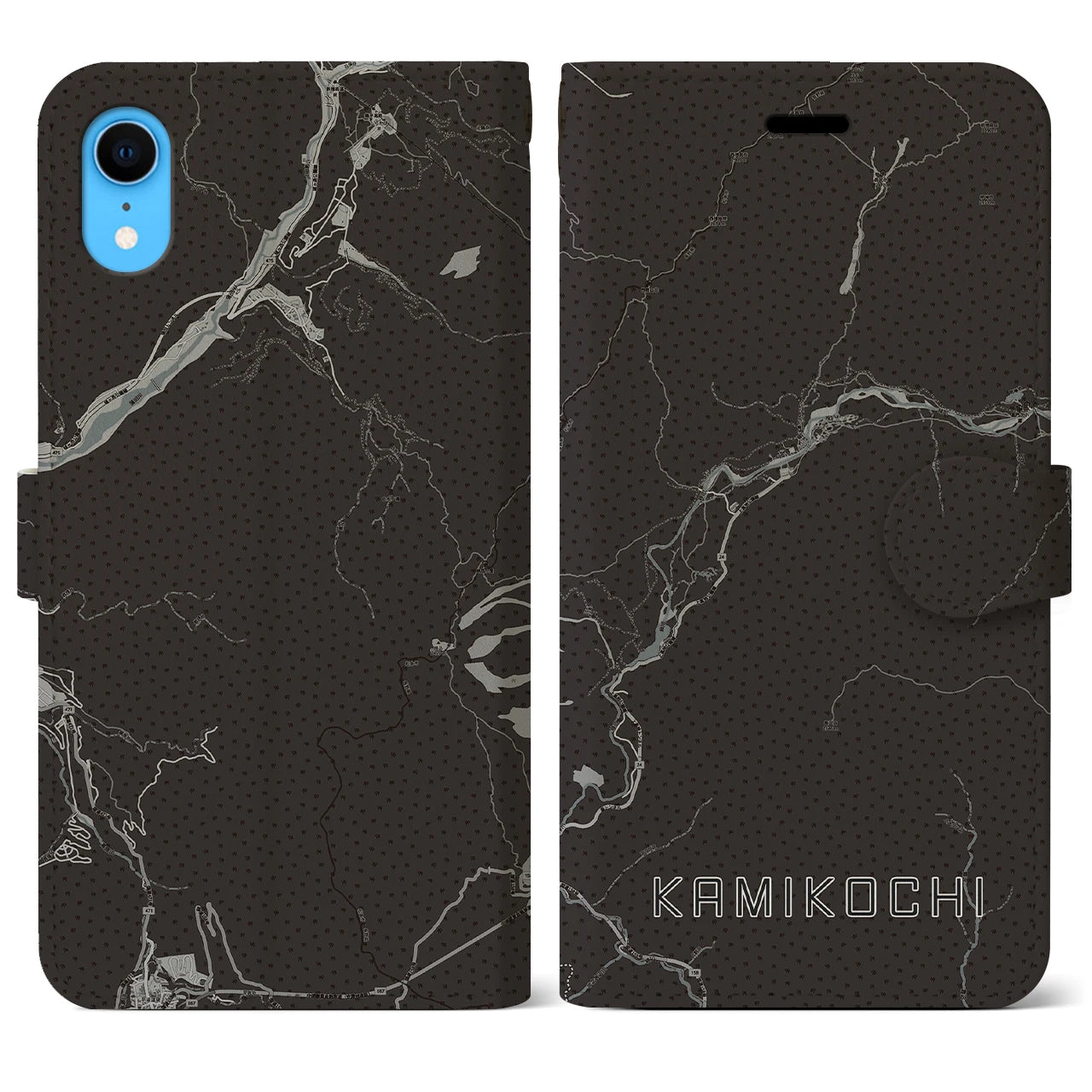 【上高地(長野県)】地図柄iPhoneケース(手帳タイプ)モノトーン・iPhone XR 用