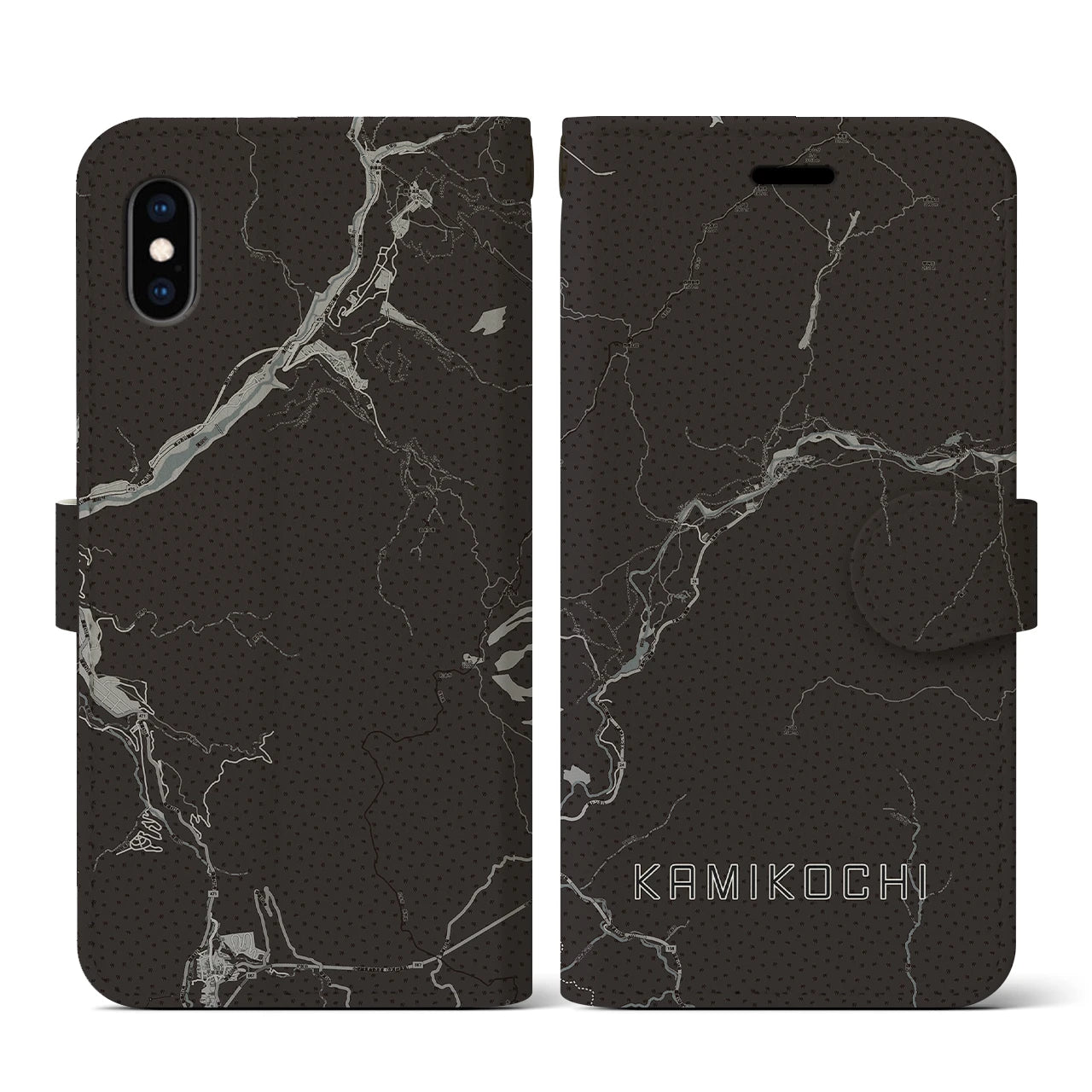 【上高地(長野県)】地図柄iPhoneケース(手帳タイプ)モノトーン・iPhone XS / X 用