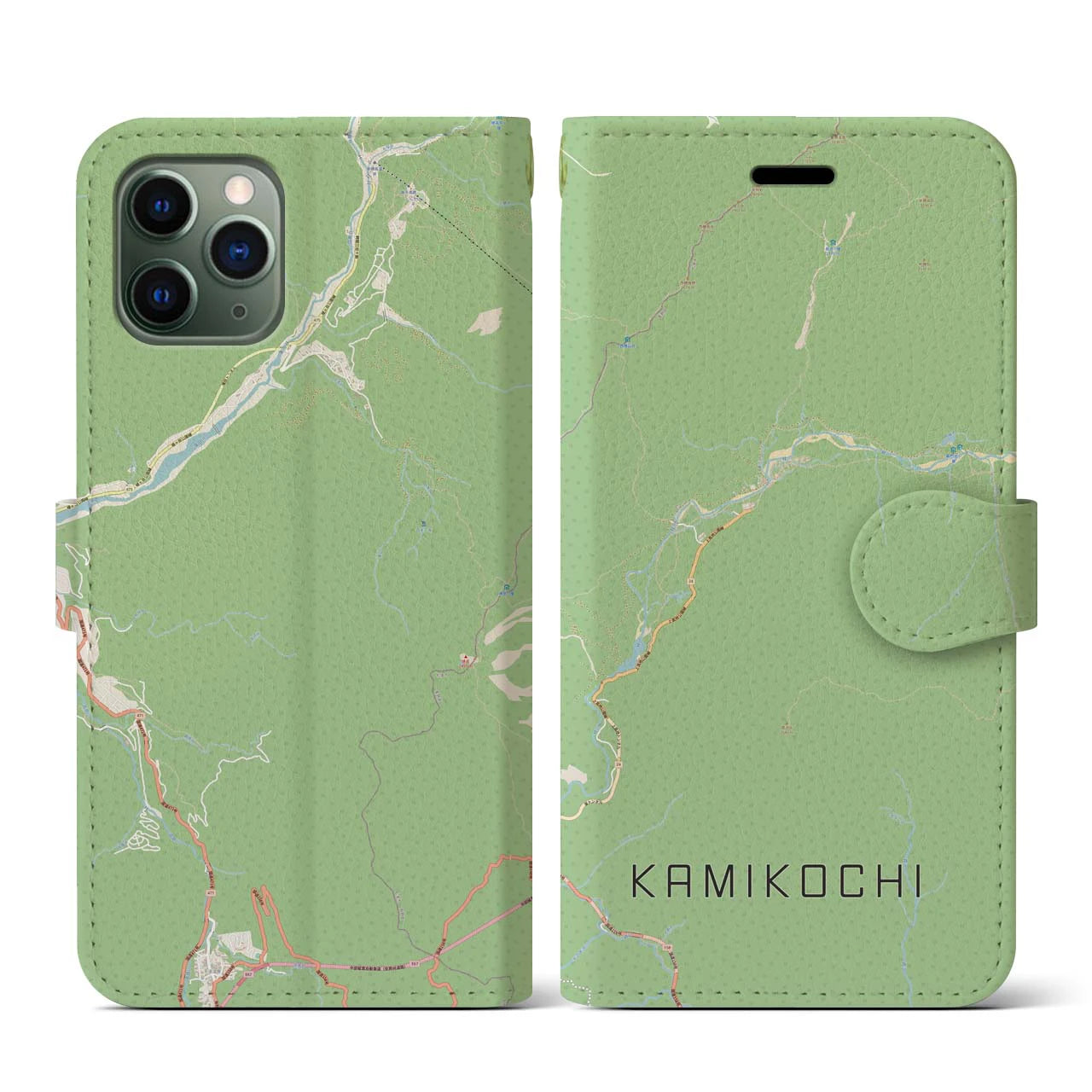 【上高地(長野県)】地図柄iPhoneケース(手帳タイプ)ナチュラル・iPhone 11 Pro 用