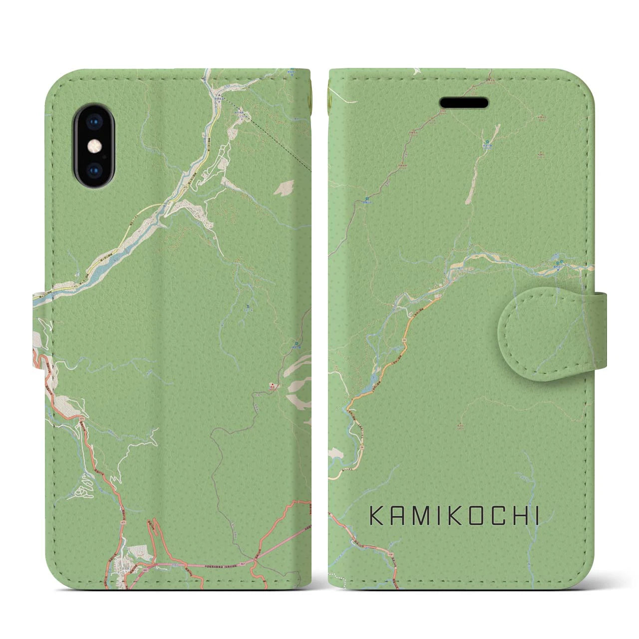 【上高地(長野県)】地図柄iPhoneケース(手帳タイプ)ナチュラル・iPhone XS / X 用
