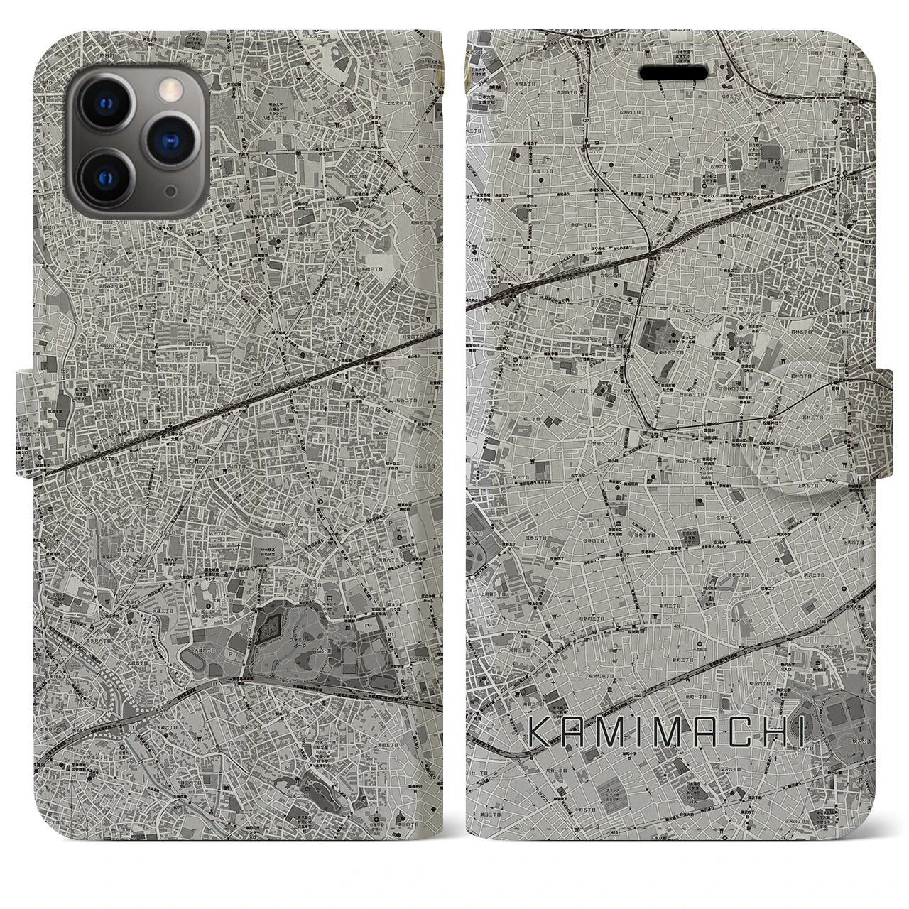 【上町(東京都)】地図柄iPhoneケース(手帳タイプ)モノトーン・iPhone 11 Pro Max 用