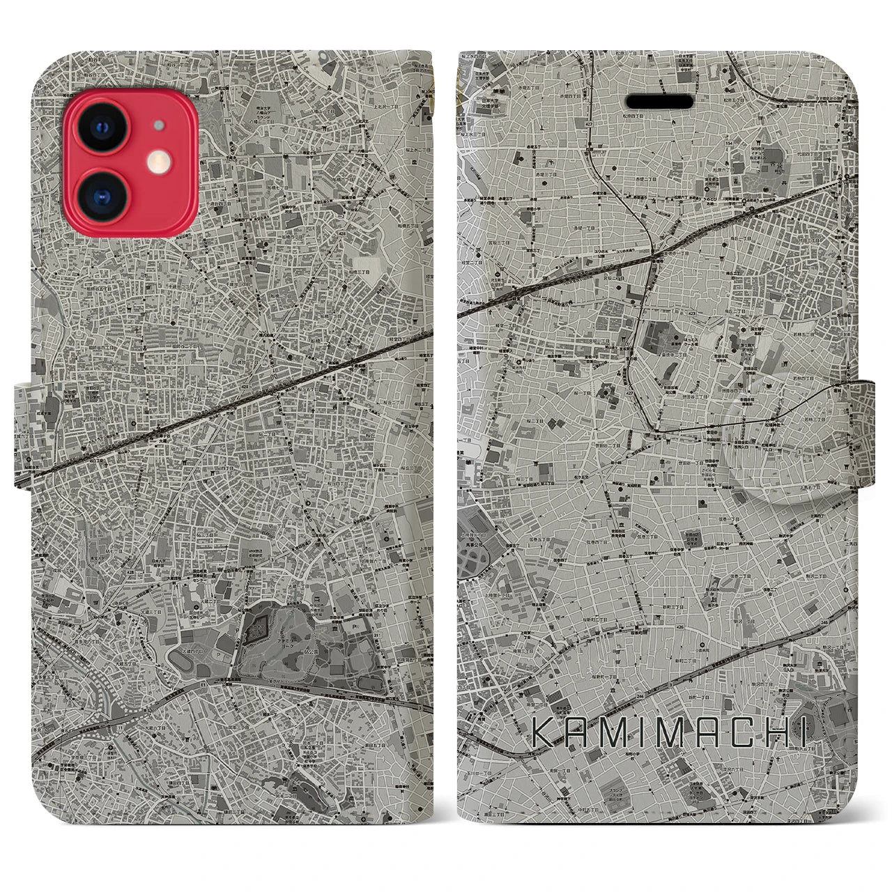 【上町(東京都)】地図柄iPhoneケース(手帳タイプ)モノトーン・iPhone 11 用