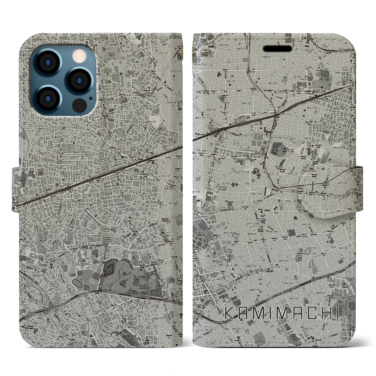 【上町(東京都)】地図柄iPhoneケース(手帳タイプ)モノトーン・iPhone 12 / 12 Pro 用