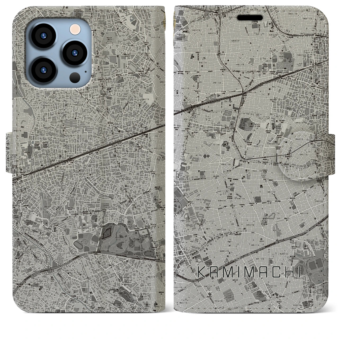 【上町(東京都)】地図柄iPhoneケース(手帳タイプ)モノトーン・iPhone 13 Pro Max 用