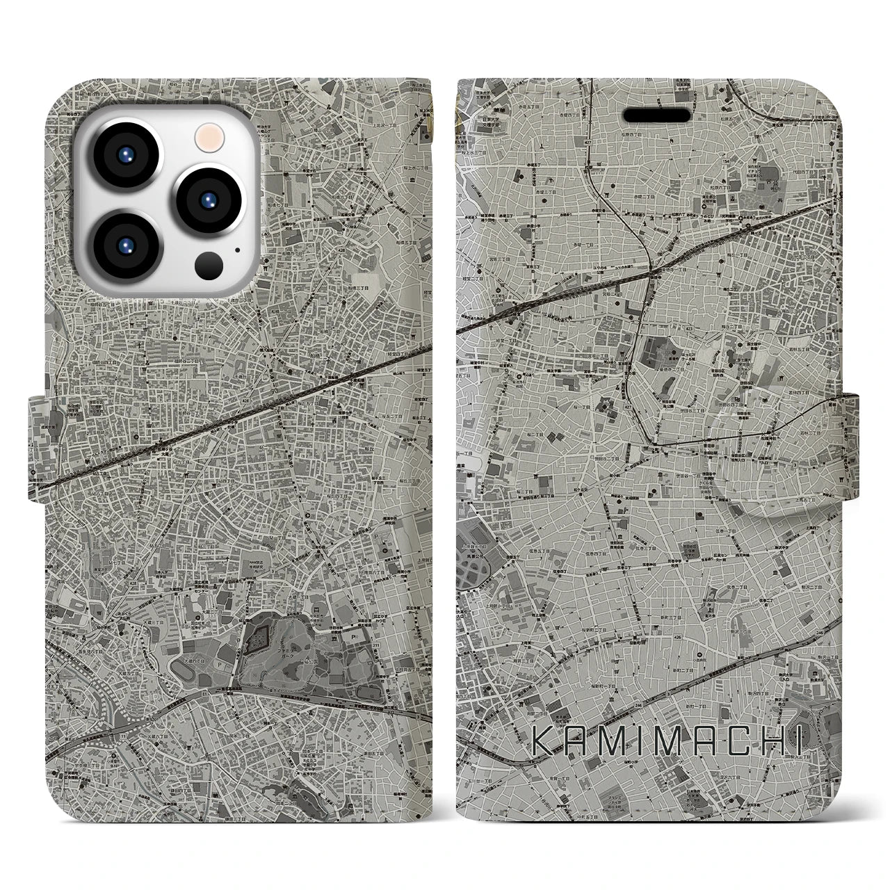 【上町(東京都)】地図柄iPhoneケース(手帳タイプ)モノトーン・iPhone 13 Pro 用