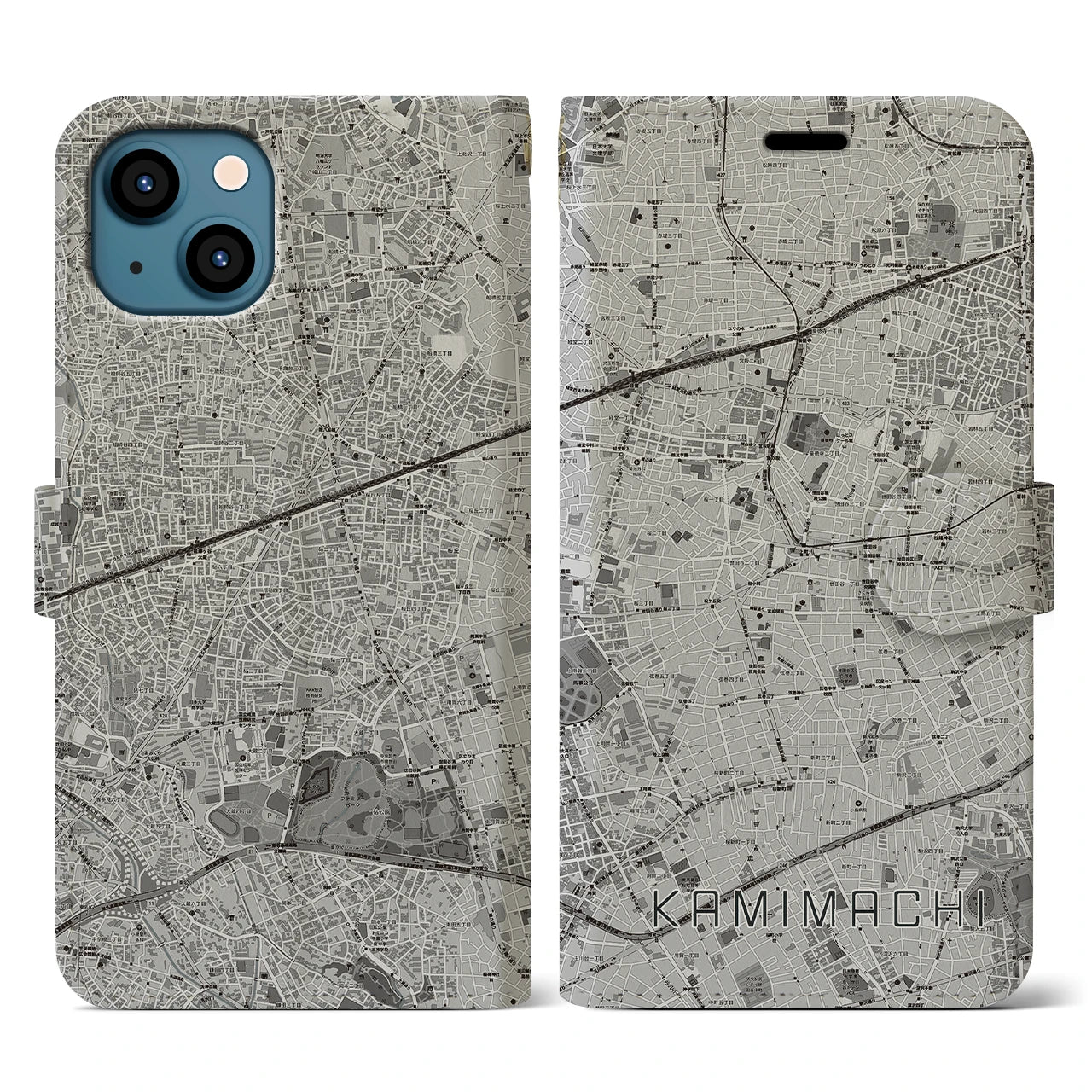 【上町(東京都)】地図柄iPhoneケース(手帳タイプ)モノトーン・iPhone 13 用