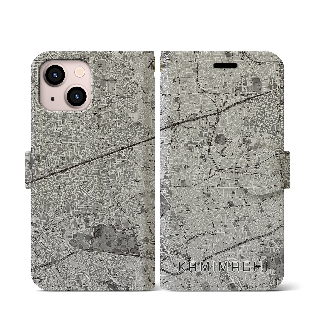 【上町(東京都)】地図柄iPhoneケース(手帳タイプ)モノトーン・iPhone 13 mini 用