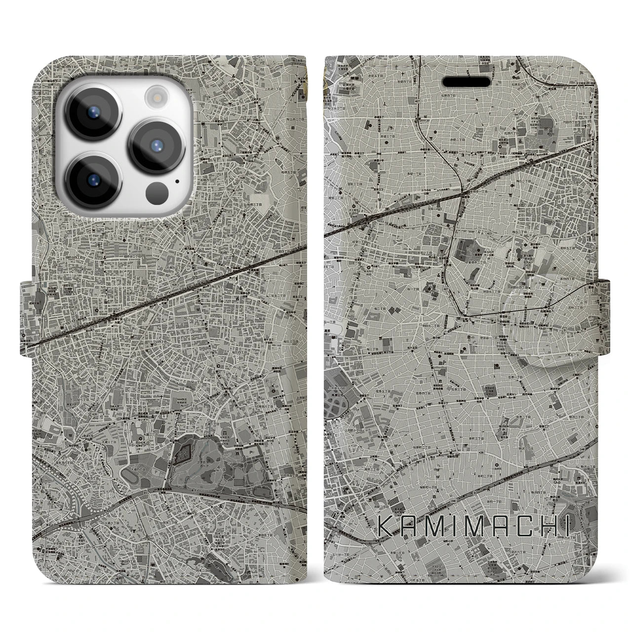 【上町(東京都)】地図柄iPhoneケース(手帳タイプ)モノトーン・iPhone 14 Pro 用