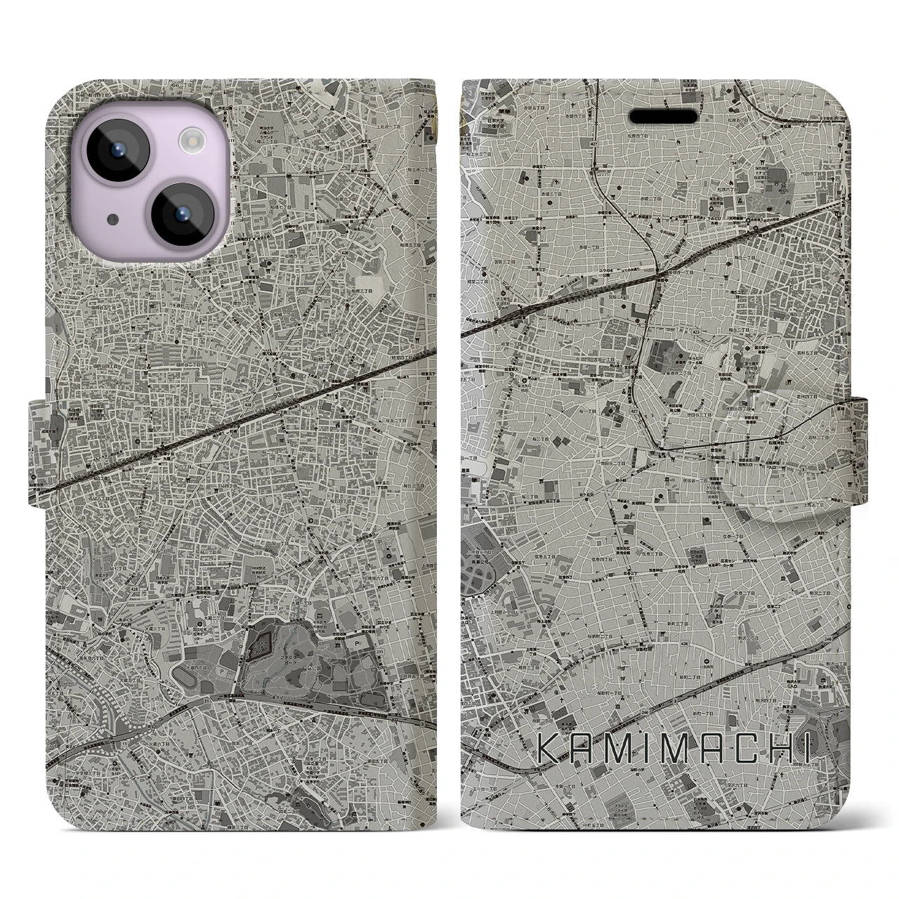 【上町(東京都)】地図柄iPhoneケース(手帳タイプ)モノトーン・iPhone 14 用