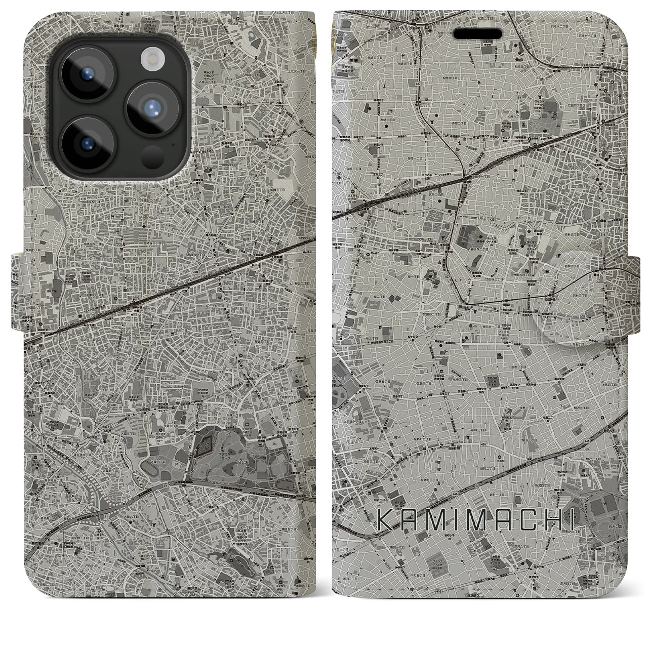 【上町(東京都)】地図柄iPhoneケース(手帳タイプ)モノトーン・iPhone 15 Pro Max 用