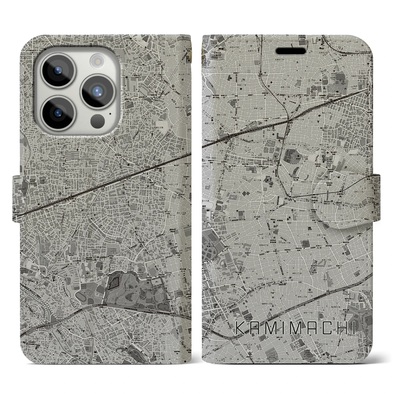 【上町(東京都)】地図柄iPhoneケース(手帳タイプ)モノトーン・iPhone 15 Pro 用