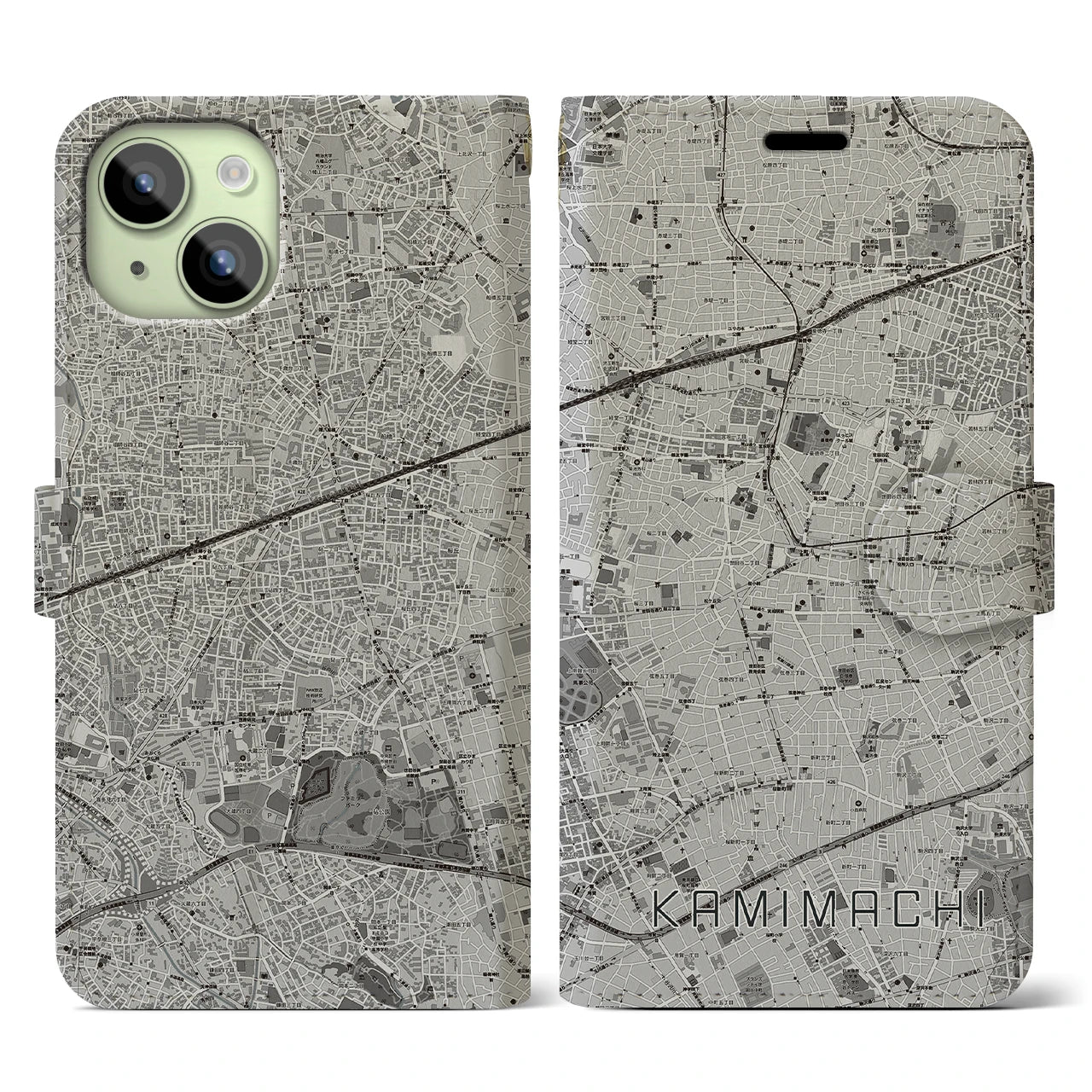 【上町(東京都)】地図柄iPhoneケース(手帳タイプ)モノトーン・iPhone 15 用