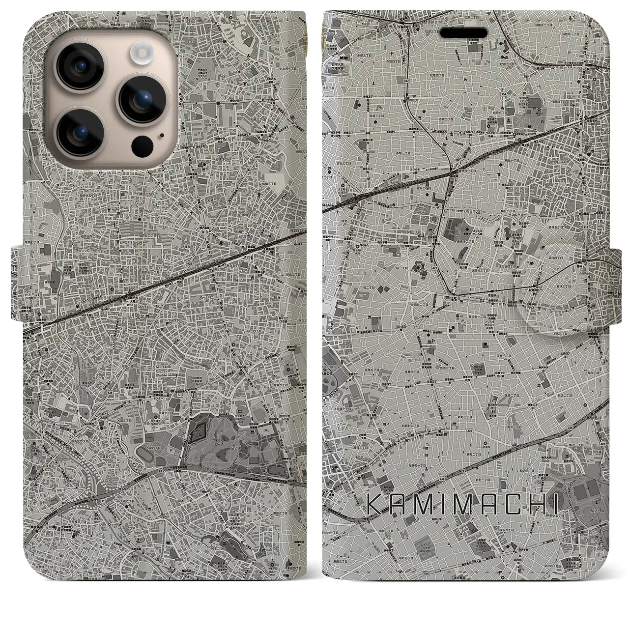 【上町(東京都)】地図柄iPhoneケース(手帳タイプ)モノトーン・iPhone 16 Plus 用