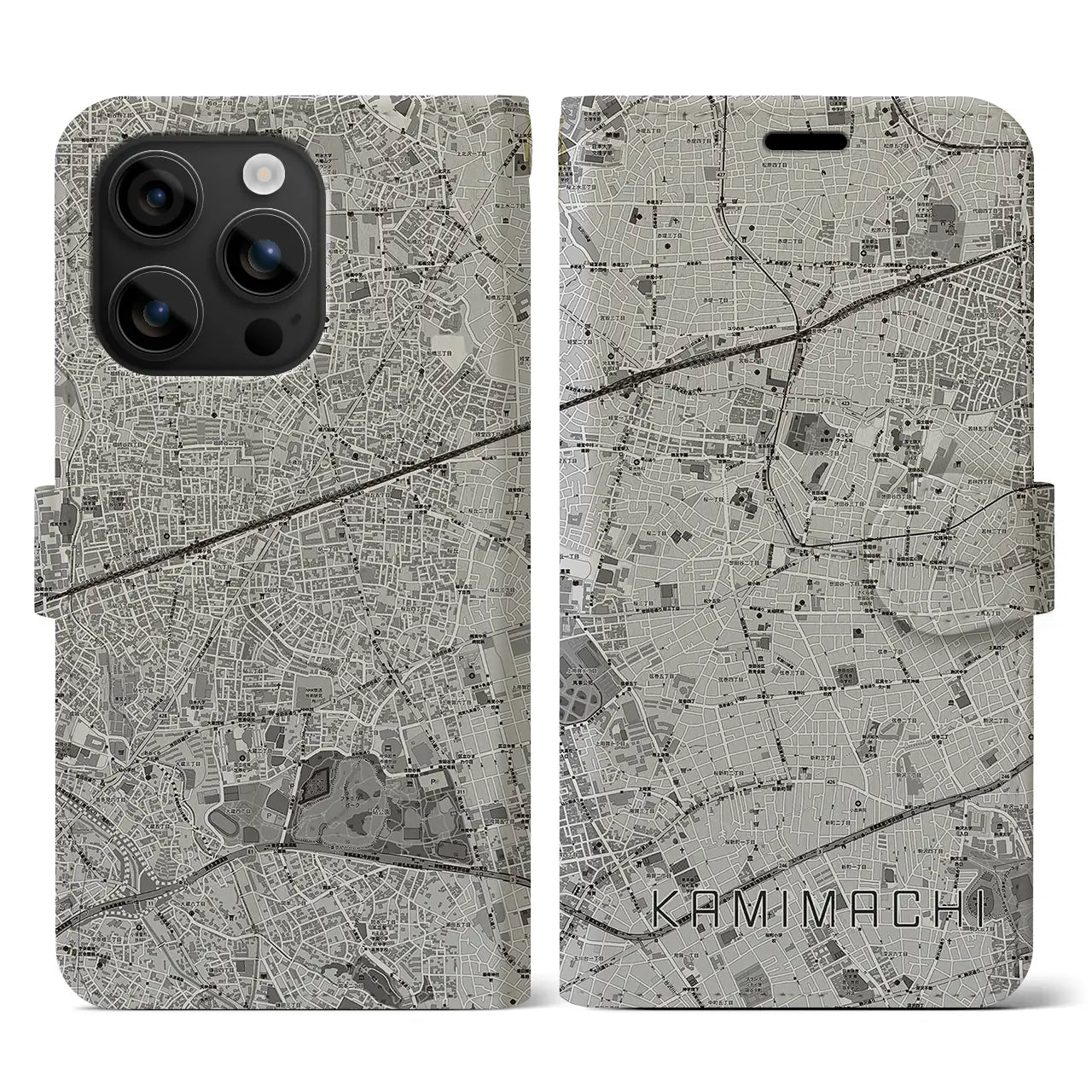 【上町(東京都)】地図柄iPhoneケース(手帳タイプ)モノトーン・iPhone 16 用