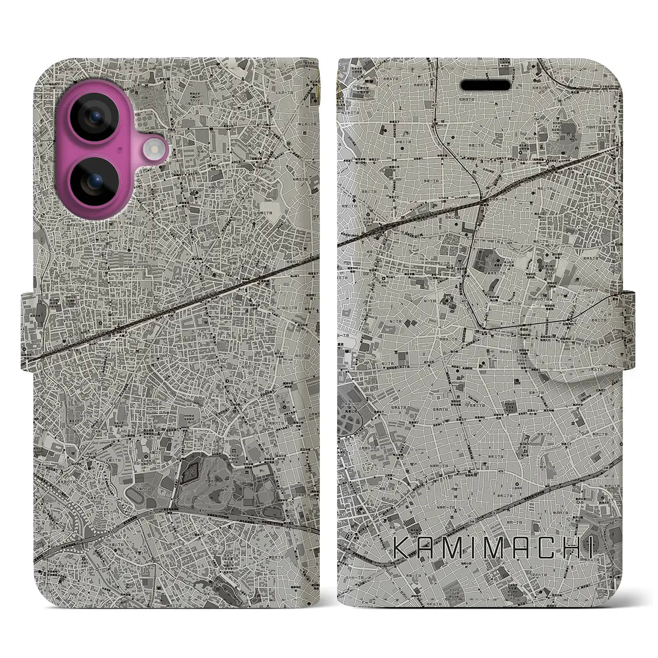 【上町(東京都)】地図柄iPhoneケース(手帳タイプ)モノトーン・iPhone 16 Pro 用
