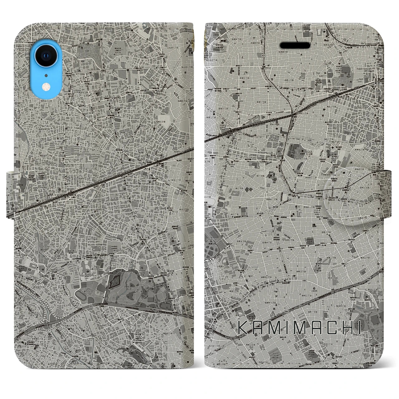 【上町(東京都)】地図柄iPhoneケース(手帳タイプ)モノトーン・iPhone XR 用