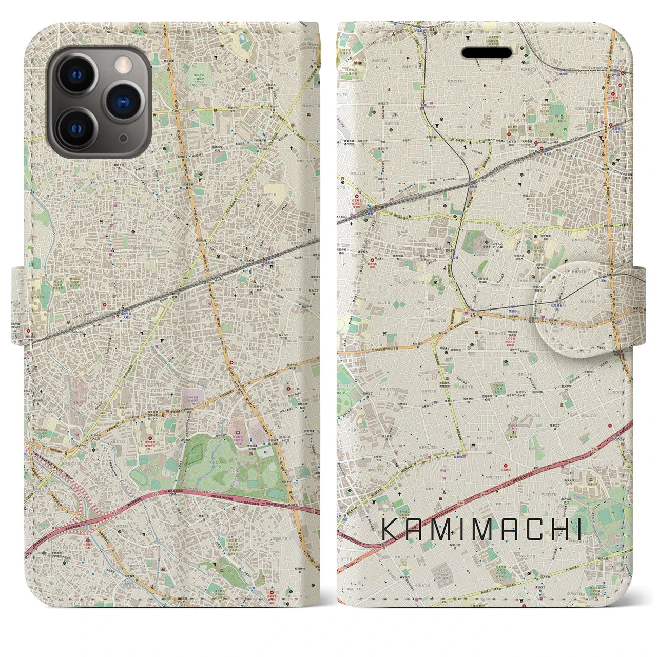 【上町(東京都)】地図柄iPhoneケース(手帳タイプ)ナチュラル・iPhone 11 Pro Max 用