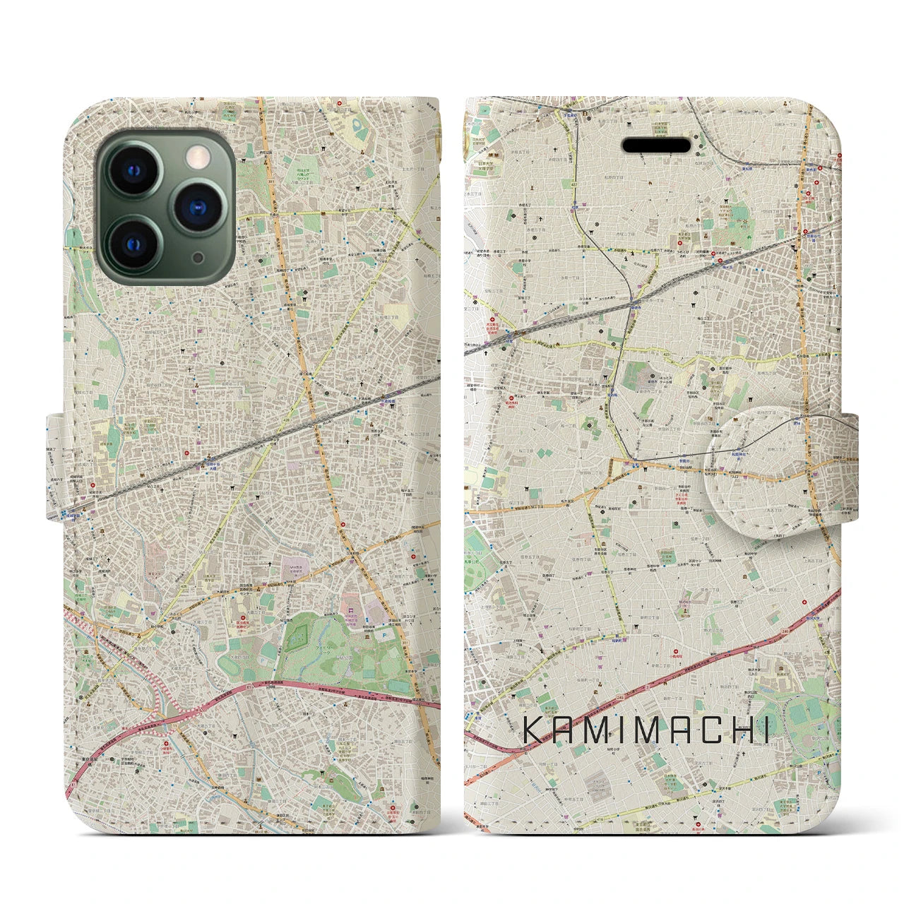 【上町(東京都)】地図柄iPhoneケース(手帳タイプ)ナチュラル・iPhone 11 Pro 用