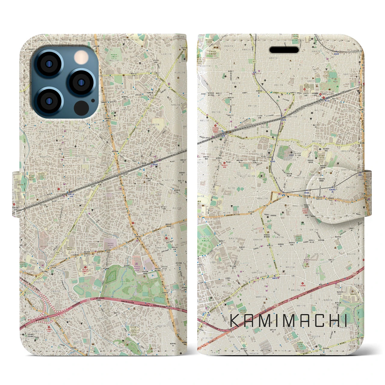 【上町(東京都)】地図柄iPhoneケース(手帳タイプ)ナチュラル・iPhone 12 / 12 Pro 用