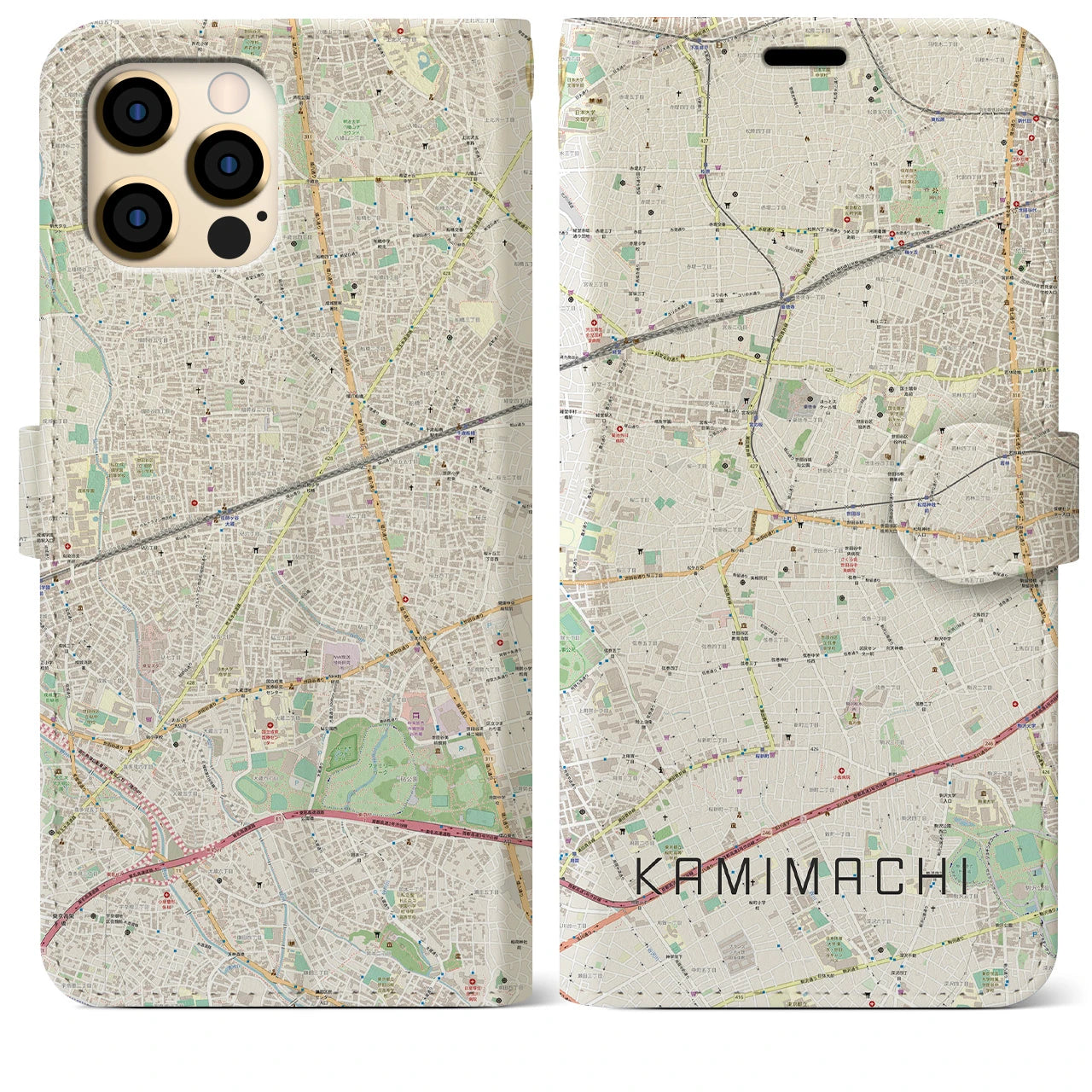 【上町(東京都)】地図柄iPhoneケース(手帳タイプ)ナチュラル・iPhone 12 Pro Max 用
