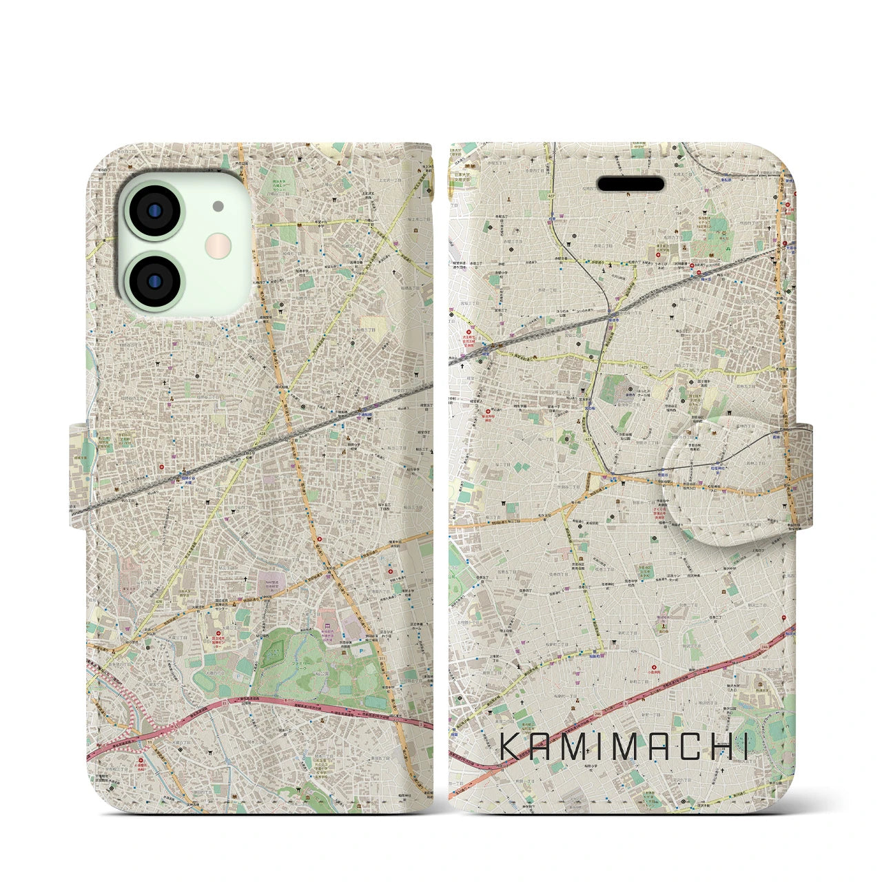 【上町(東京都)】地図柄iPhoneケース(手帳タイプ)ナチュラル・iPhone 12 mini 用