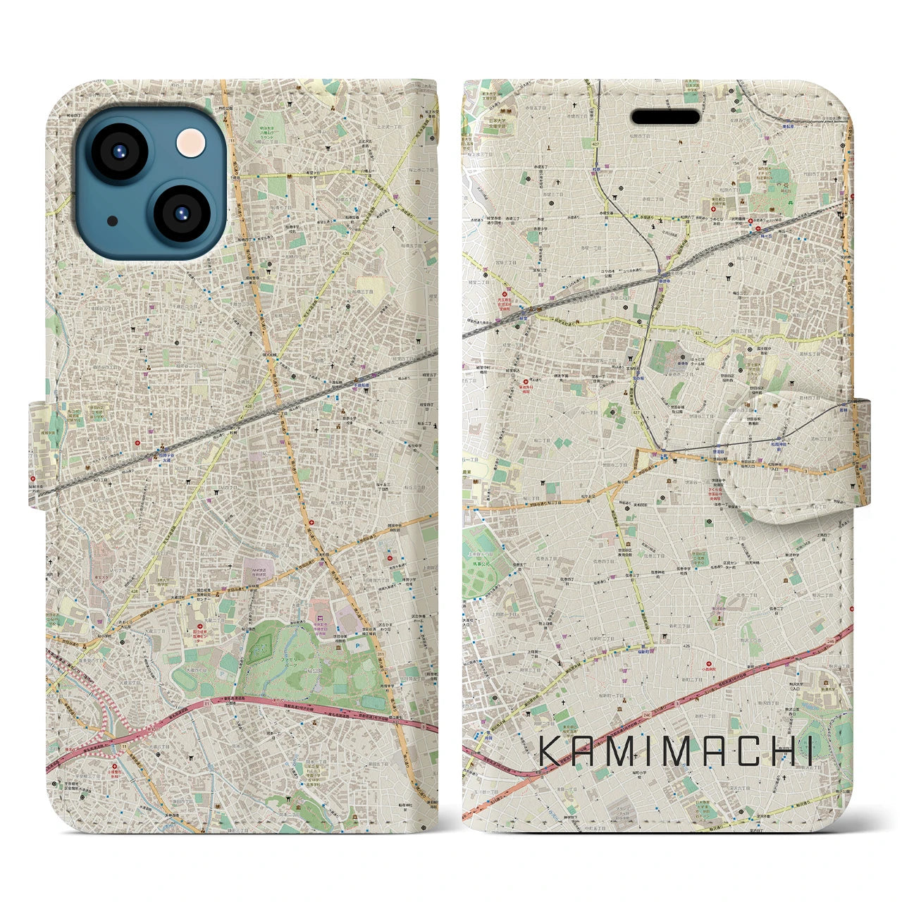 【上町(東京都)】地図柄iPhoneケース(手帳タイプ)ナチュラル・iPhone 13 用